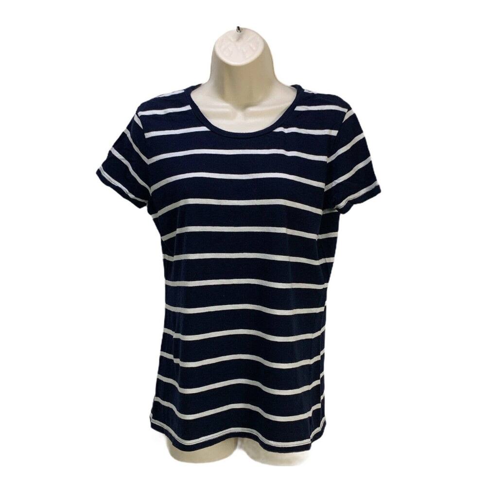 GH Bass & Co Womens Striped Top Medium Navy Blue Cotton Short Sleeve Pullover